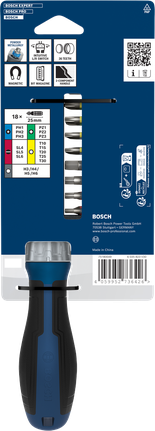 Bộ tua vít có tay cầm xoay Bosch gồm 18 mũi vít.