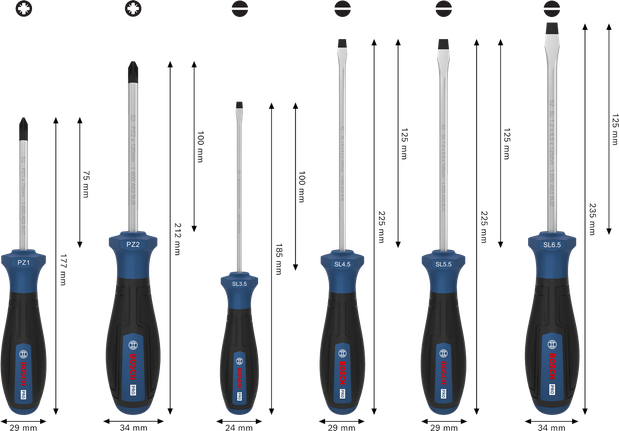 Bộ tua vít Bosch PRO PZ/SL 6 chi tiết với trục S2 và tay cầm đa thành phần.