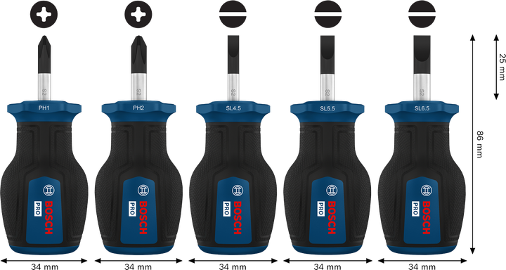 Bộ tua vít PRO PH/SL ngắn, 5 chi tiết