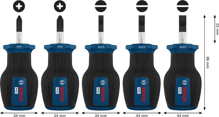 Bộ tua vít ngắn Bosch PRO PH/SL 5 chi tiết với cán S2.