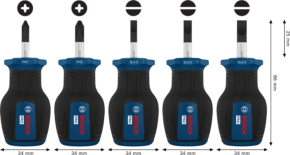 Bộ tua vít PRO PH/SL ngắn, 5 chi tiết