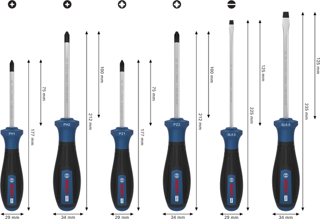 Bộ tua vít Bosch PRO PH/PZ/SL 6 chi tiết với trục S2 và tay cầm tiện dụng.