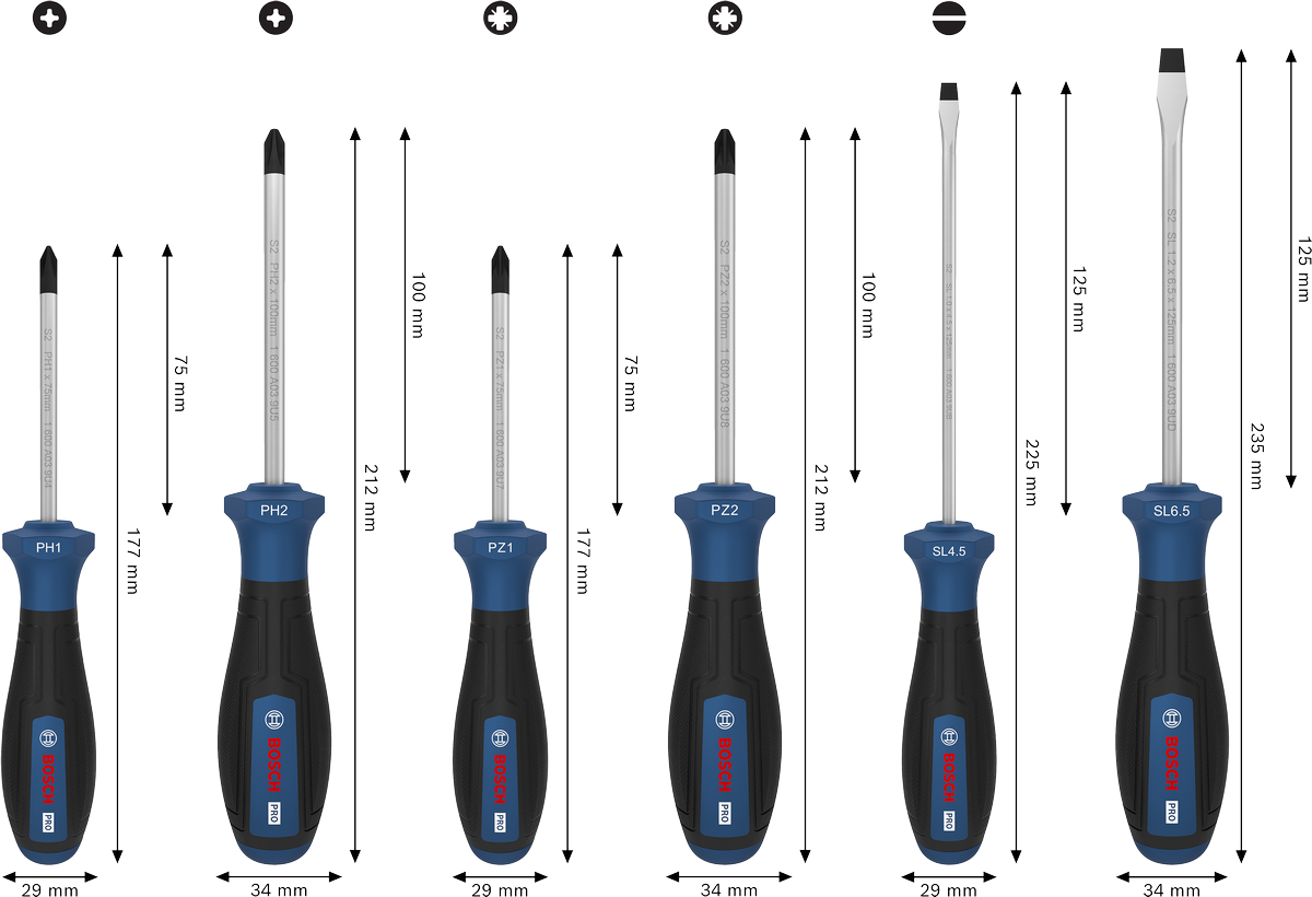 Bộ tua vít PRO PH/PZ/SL, 6 chi tiết