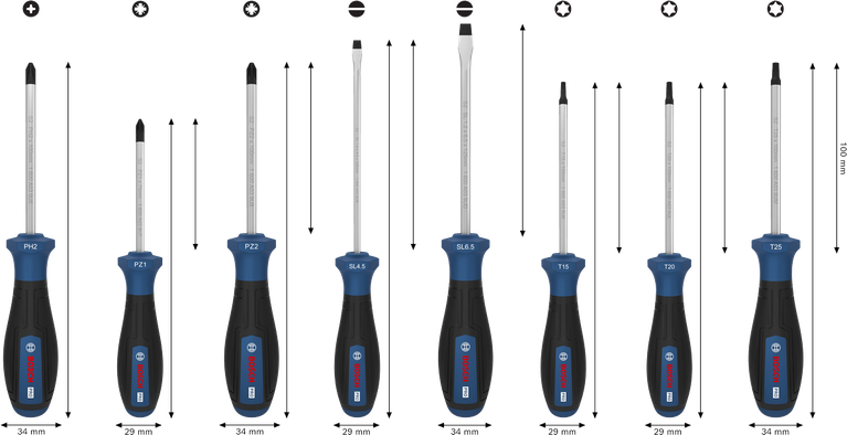 Bộ tua vít Bosch PRO 8 món với trục S2 và tay cầm được mã hóa màu sắc.
