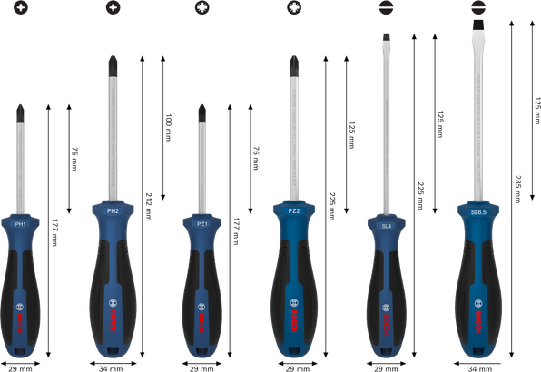 Bộ tua vít, PH/PZ/SL, 6 chi tiết