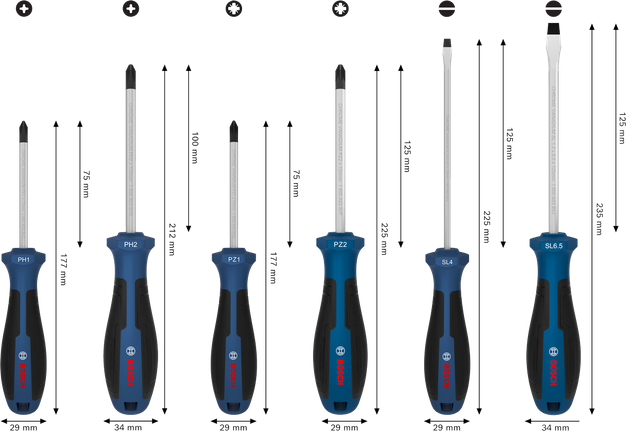 Bộ tua vít Bosch PH/PZ/SL, 6 chi tiết với cán bằng thép crom vanadi.