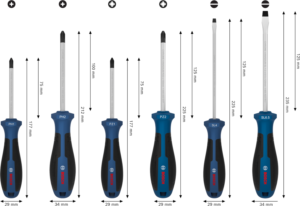 Bộ tua vít, PH/PZ/SL, 6 chi tiết