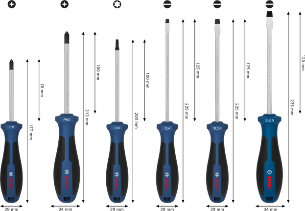 Bộ tua vít 6 món Bosch với cán bằng thép crom vanadi.