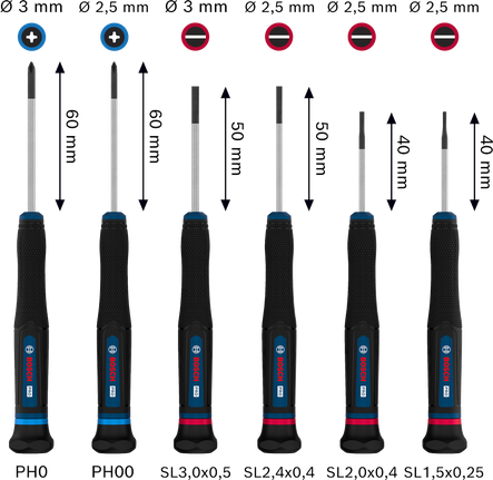 Bộ tua vít chính xác Bosch PRO PH/SL, 6 chi tiết với tay cầm chống lăn được mã hóa màu.