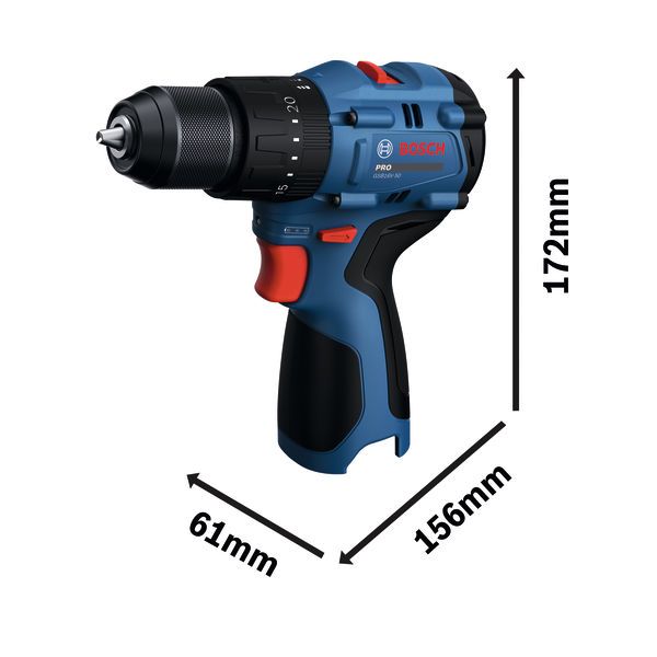 Máy khoan động lực không dây Bosch GSB16V-50 với kích thước cụ thể.