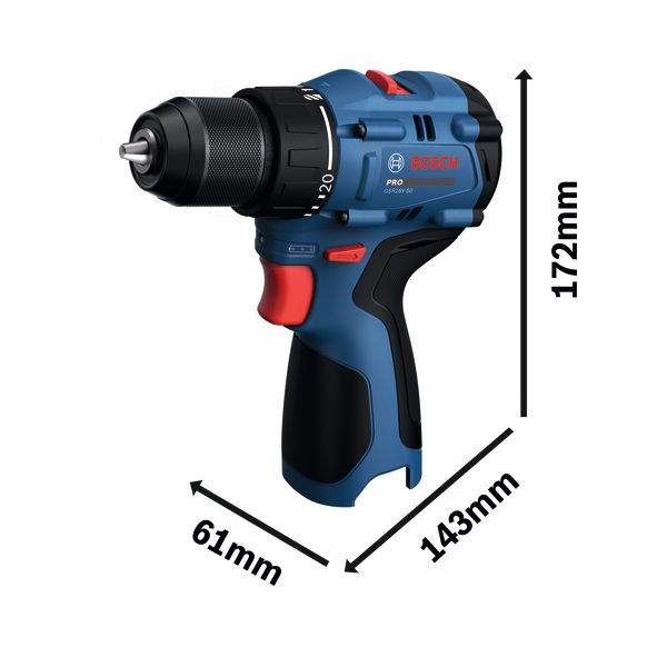 Máy khoan không dây Bosch GSR16V-50 với kích thước cụ thể.