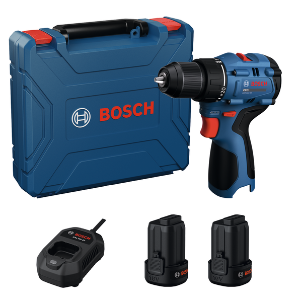 Bộ máy khoan không dây Bosch GSR16V-50 kèm hộp đựng.