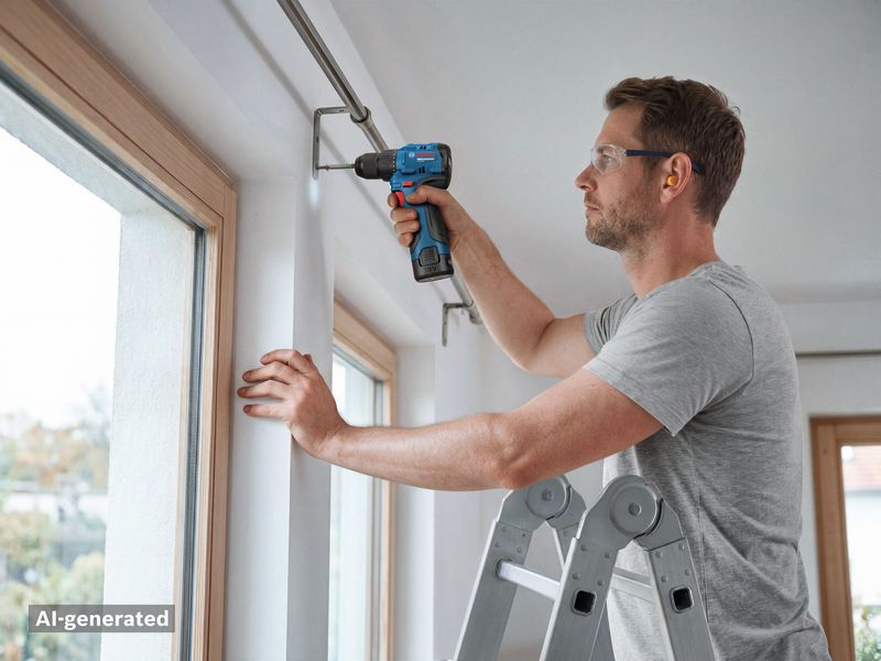 Một người đàn ông mặc đồ bảo hộ đang sử dụng máy khoan không dây để lắp đặt thanh treo rèm.