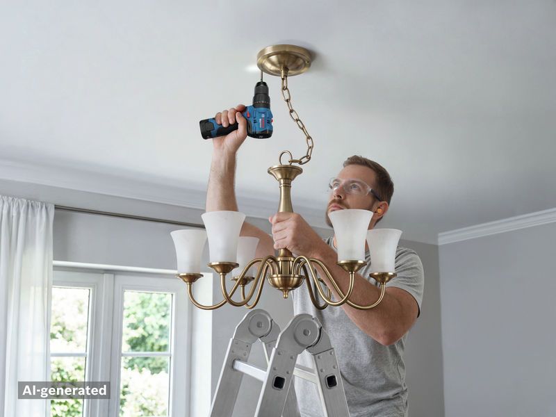 Một người đàn ông mặc đồ bảo hộ đang sử dụng máy khoan không dây để lắp đặt đèn chùm.