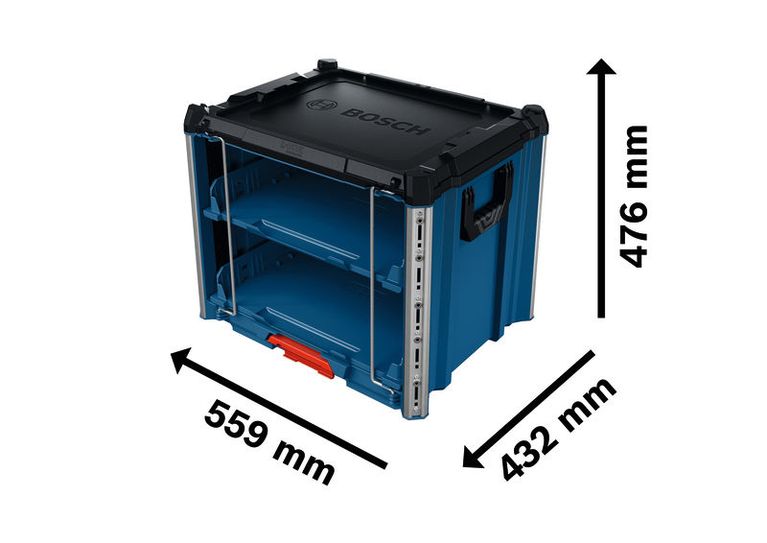 Hộp đựng Bosch L-BOXX Contractor Rack 2 với kích thước cụ thể.